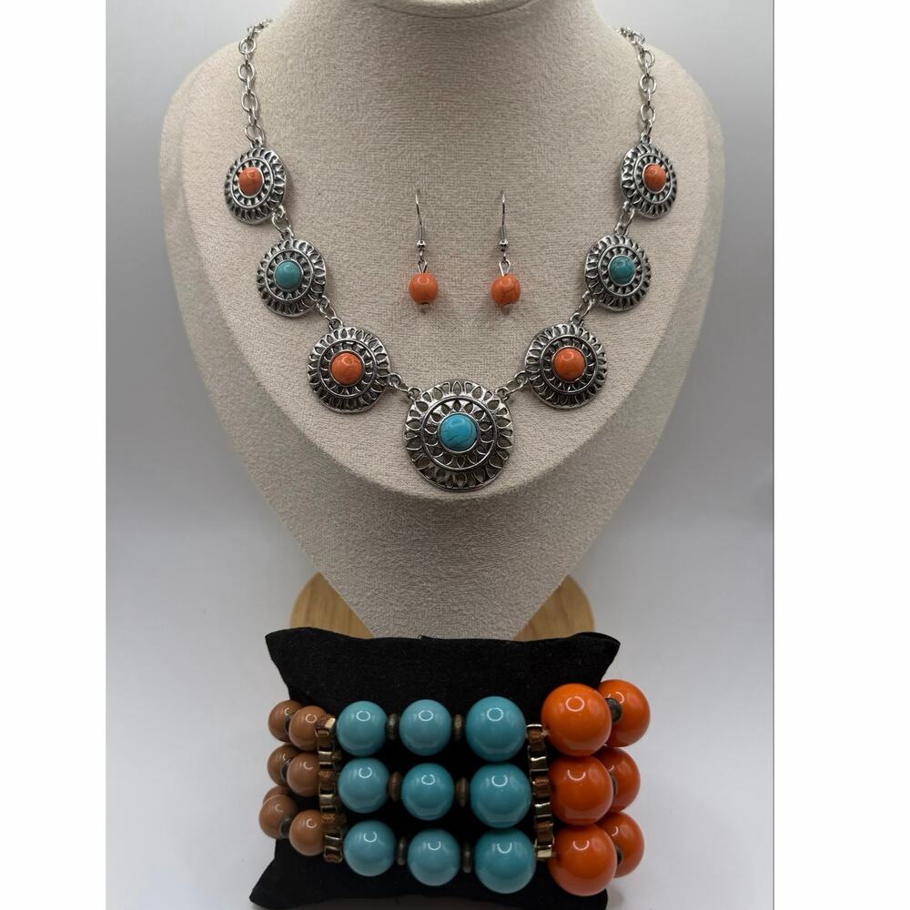 Southwest Jewelry Set | Turquoise Coral Silver Tone Necklace Bracelet Earrings